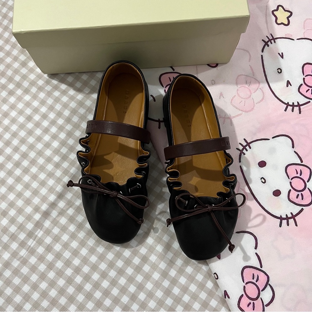 Marni Black and Brown Ruffle-Trim Mary Jane Flats